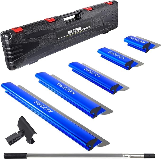 KEZERS Drywall Skimming Blade Set-12",22" & 32" Skimming Blades + 35"-81" Extension Handle Pole, Stainless Steel Construction Knife,Smoothing Drywall Knife,Extruded Aluminum,High Impact End Caps SK3CH