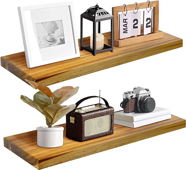 ILOT Teak Wood Floating Shelves Perfect for Bathroom Décor Pack of 2 Wooden Wall Shelves for Bedroom Living Room Kitchen Simple Minimalist Home Décor 24” x 6.7 2 24