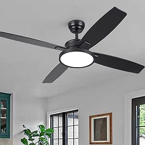 SNJ 52 inch Black Modern Ceiling Fan with LED Lights and Remote Control for Home Bedroom, Living Room, Dining Room, Noiseless Motor, Reversible 4 Blades, Low Profile Celing Fans