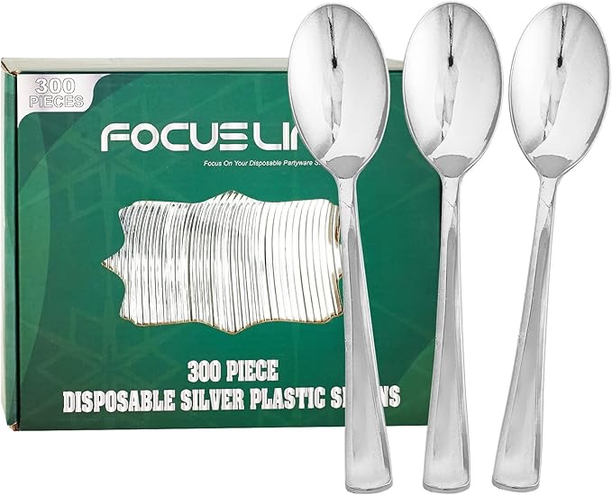 FOCUSLINE 300 Pack 6.8" Disposable Silver Plastic Spoons, Solid and Durable Plastic Cutlery Spoons, Heavy Duty Disposable Utensil Silverware for Catering, Parties, Dinners, Weddings