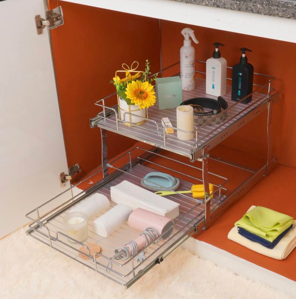 Vevor 2 Tier Wire Pull Out Cabinet Under Sink Organizer&nbsp; Drawer Cabinet Storage Metal Shelf Organizer 18''x20'' Drawer Basket