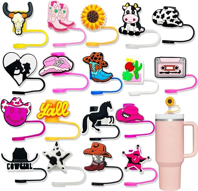 18pcs Straw Cover Cap for Stanley Cup 30&40 Oz Tumbler 10mm Reusable Silicone Straw Toppers Straw Tip Covers for Stanley Cups Accessories Cute Cowgirls Themed Tumbler Straw Cover
