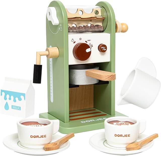 Kids Toy Coffee Maker Playset, Montessori Wooden Play Kitchen Accessories for Toddler Pretend Play, Christmas Birthday Gift for Boys and Girls 2 3 4 5 6 Years Old