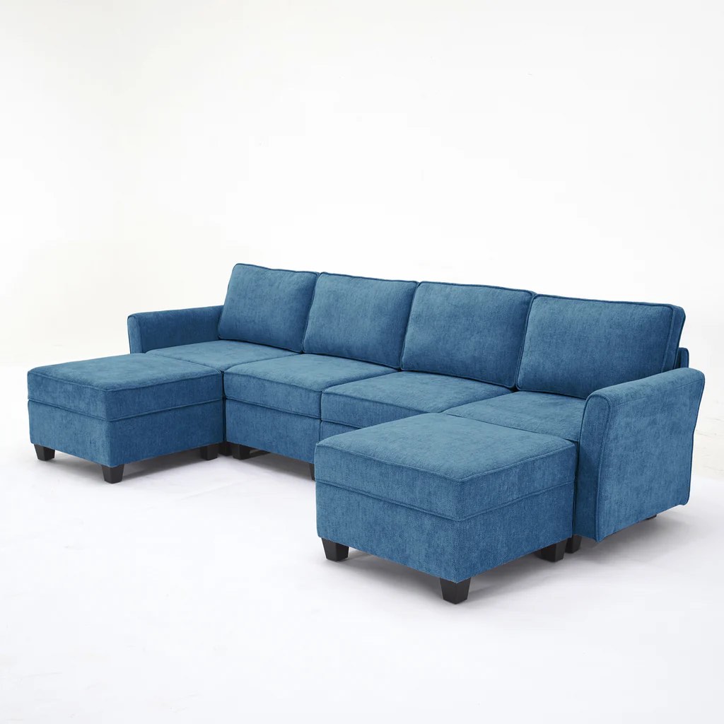 MIA CHENILLE MULTI-CONFIGURATION SECTIONAL SOFA WITH STORAGE AND ADJUSTABLE ARMREST/BACKREST, BLUE, (6 boxes)