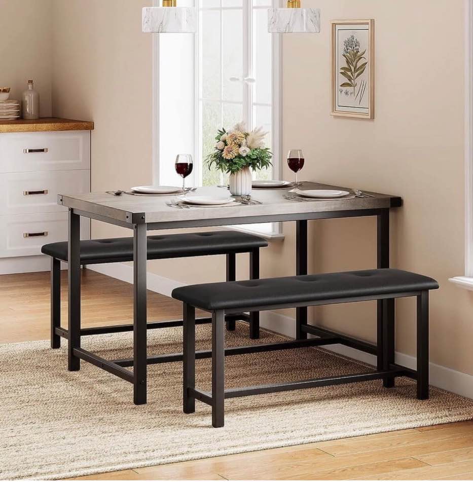 Farmhouse Dining 4 Kitchen Table Set with 2 Benches