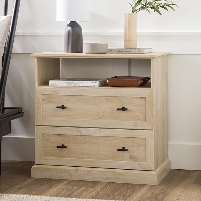 Walker Edison Traditional Classic Wood End Side Table Living Room Storage Small End Table, 2 Drawer, White Oak
