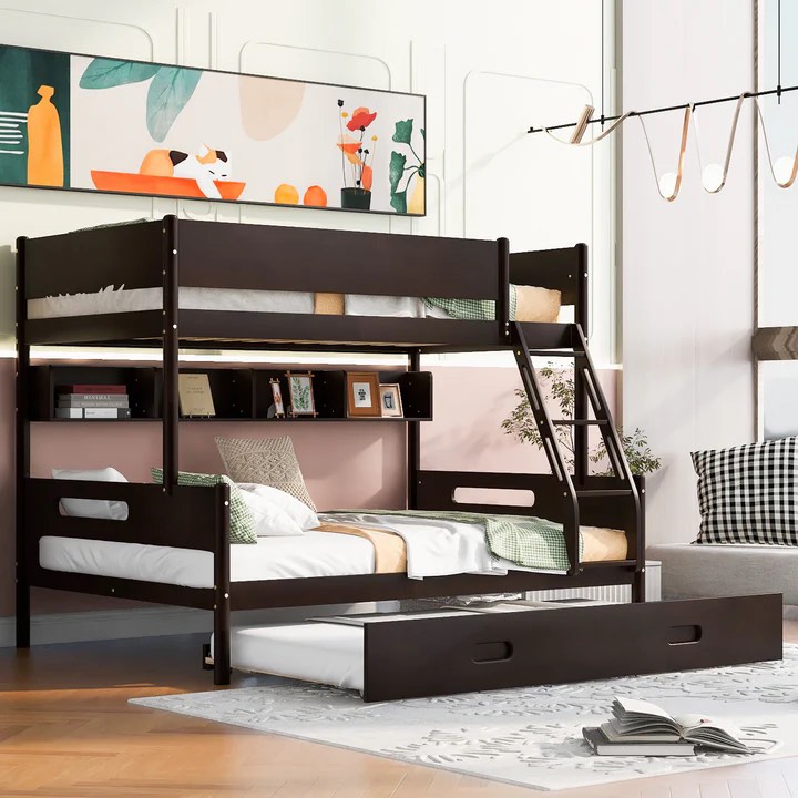 Wood Twin over Full Bunk Bed with Storage Shelves, Espresso 