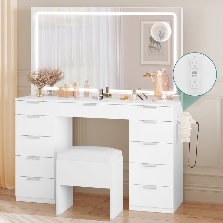 Cassanda 46’’ Vanity With Built-in Socket With Illuminated Mirror and Hair Dryer Rack