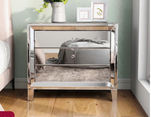 Putnam 30" Mirrored Glass Nightstand with 3 Storage Drawers