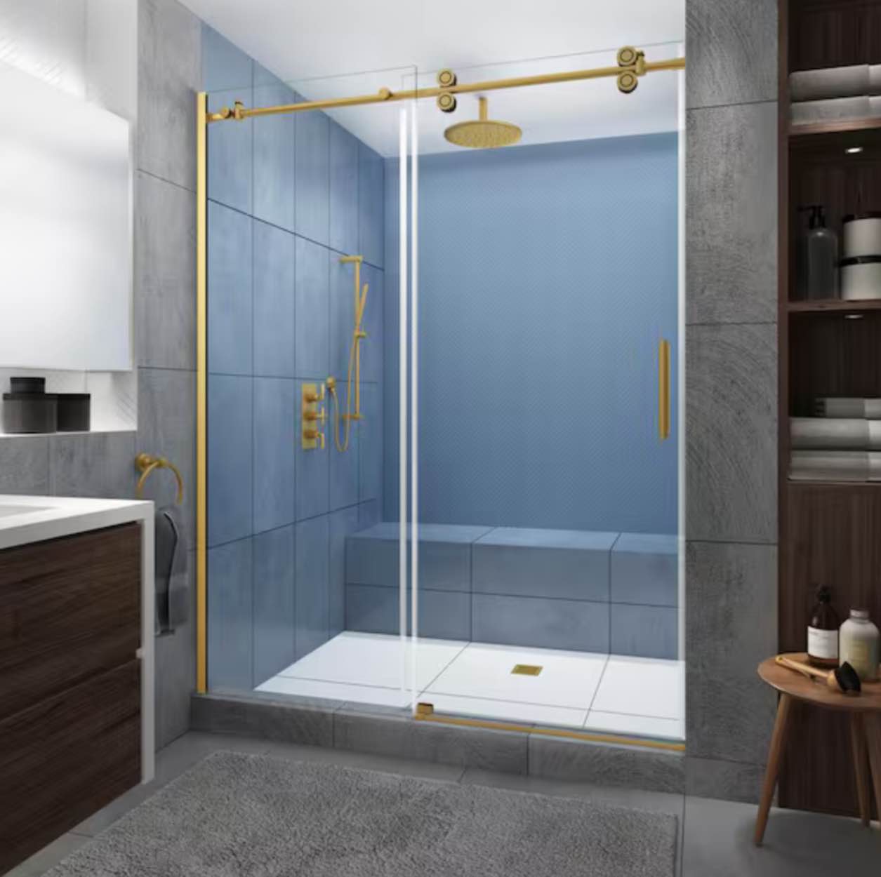  Langham XL 56 in. - 60 in. x 80 in. Frameless Sliding Shower Door with StarCast Clear Glass in Brushed Gold, Right Hand