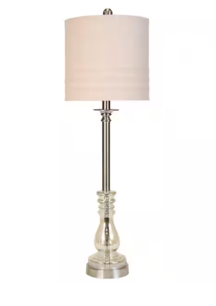 StyleCraft Majestic and Brushed Steel Table Lamp with White Hardback Fabric Shade