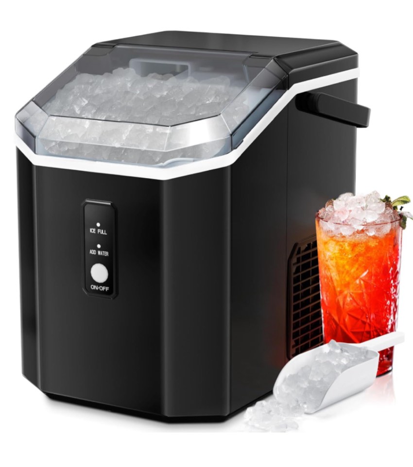 ZAFRO Nugget Ice Maker Countertop Stainless Steel with Handle, Self-Cleaning Ice Machine, 35Lbs per Day, Chewable&Soft Ice Cubes, with Ice Basket/Ice Scoop, Black