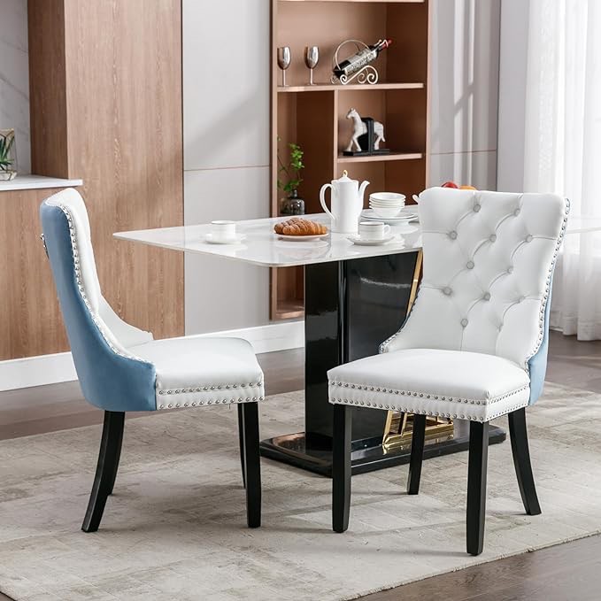 Nikki Collection Modern, High-end Tufted Solid Wood Contemporary PU and Velvet Upholstered Dining Chair with Wood Legs Nailhead Trim 2-Pcs Set, White+Light Blue, SW2101WL