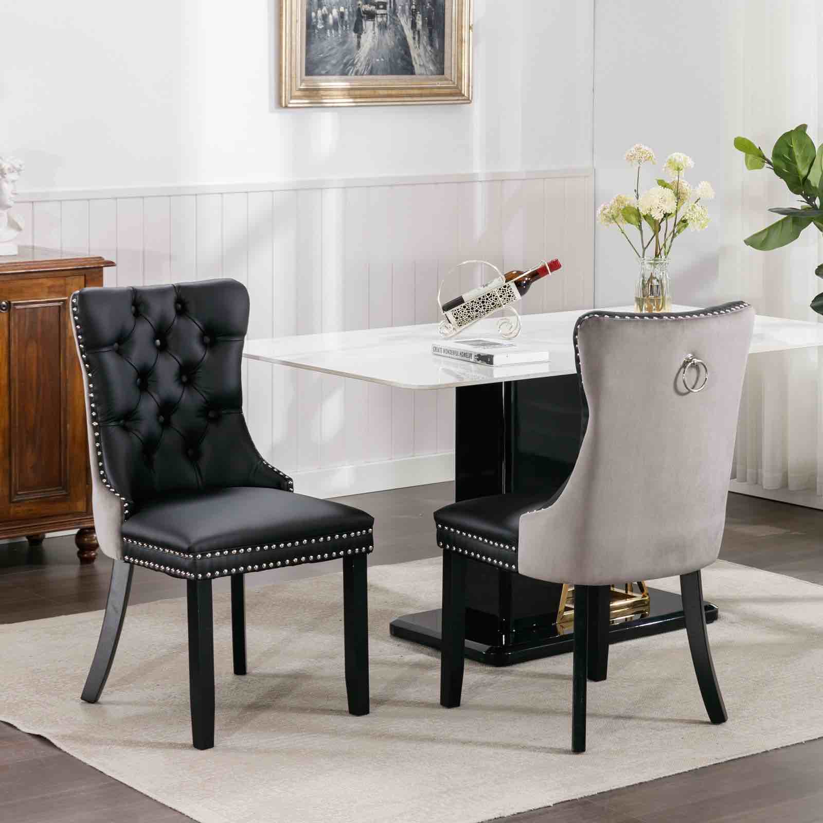 CoSoTower High-end Tufted Solid Wood Contemporary PU and Velvet Upholstered Dining Chair with Wood Legs Nailhead Trim 2-Pcs Set?Black+Gray, 