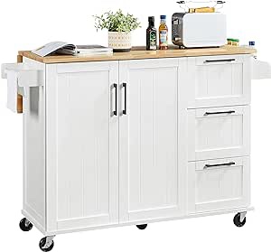 Yaheetech Kitchen Island with Drop-Leaf Breakfast Bar, 53" Width Kitchen Cart on 5 Universal Wheels with Rubberwood Top, Storage Cabinet, 3 Drawers, and Spice Rack for Dining Room, White(incomplete box 1/2)