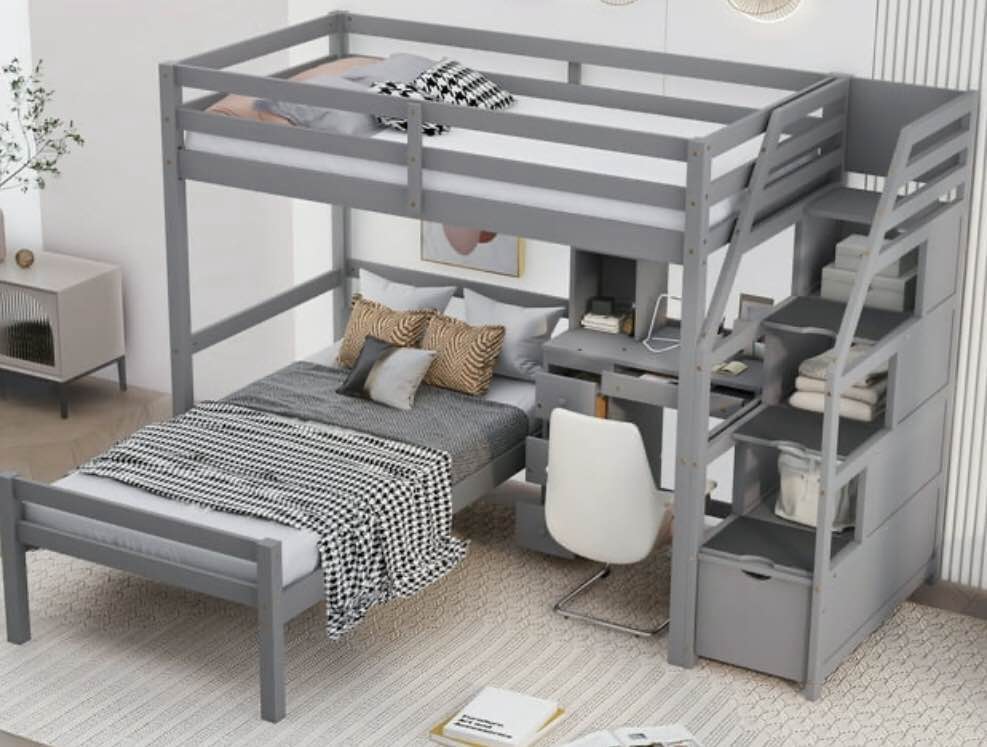 BUNK BED WITH DESK-GRAY(incomplete box 3/3)