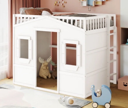 Ull Size House Loft Bed with Ladder-White White Solid Wood(incomplete box 2/2)