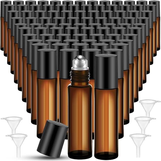 SEEWEY 96 Pcs Essential Oil Roller Bottles 10ml Empty Glass Roller Bottles with Stainless Steel Roller Balls Protection Leakproof with 5 Funnel for Travel Perfume Lip Gloss(Amber)