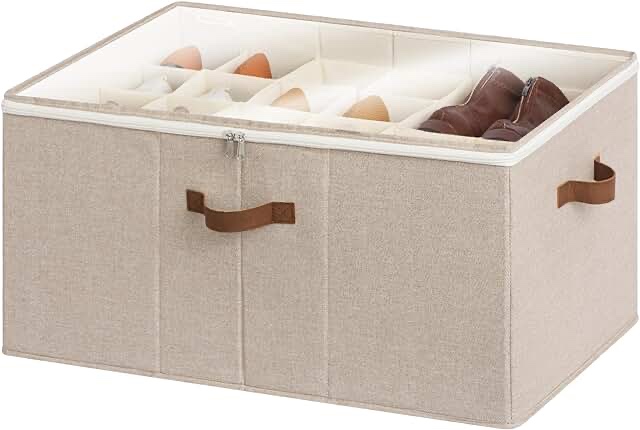 StorageWorks Shoe Organizer for Closet, Extra Large Fabric Shoe Storage Bins with Clear Cover, Adjustable Dividers for Shoe Storage, Mixing of Brown & Beige, 1-Pack, Fits up to 24 Pairs