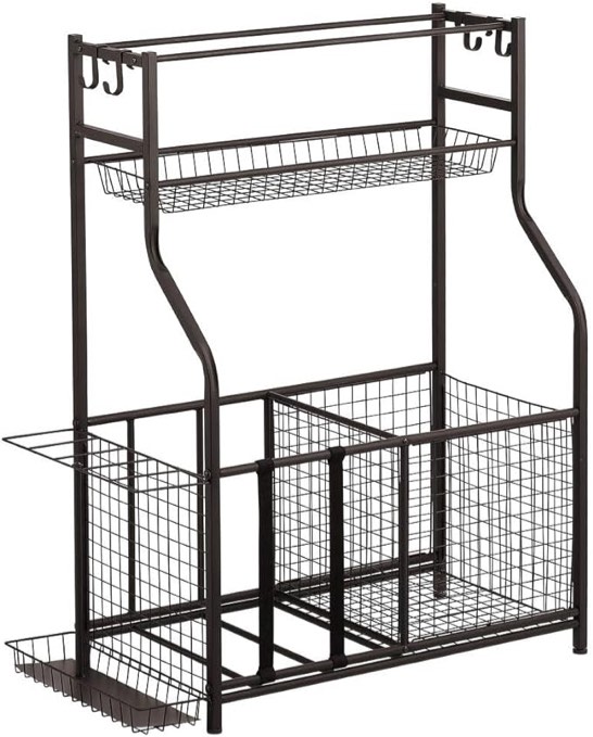 mDesign Metal Heavy Duty Sports Storage Rack with Top Shelf - Holds Basketballs, Water Bottles, Baseball Bats, Hats, Frisbees, Workout Gear, Tennis Rackets, Yoga Mats - Black