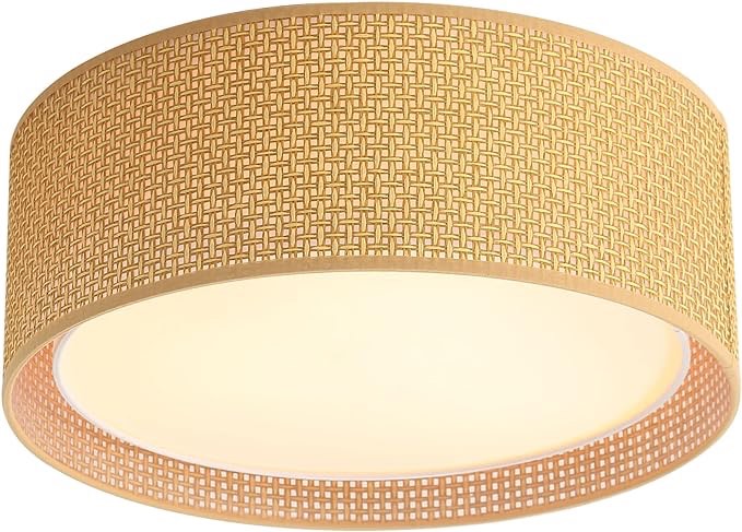 WINGBO 20" Modern 5-Light Flush Mount Ceiling Light Fixture with Fabric & Acrylic Double Drum Shade for Bedroom Living Room Dining Room Hallway Entryway, Brown