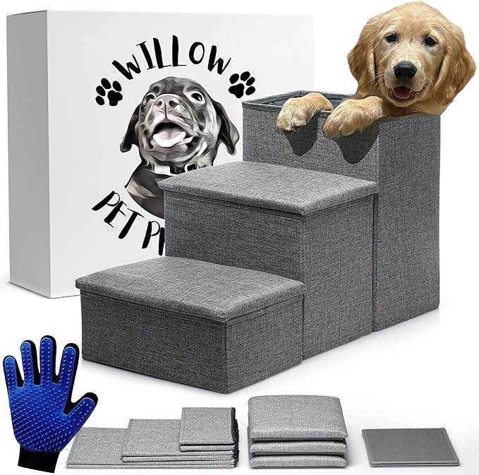 Dog Stairs, Dog Steps for High Beds, Foldable Pet Stairs for Small Dogs Puppy Dog with Storage for Bed and Couch Hold Up to 150 lbs (Beige Gray, 3 Steps No Condo) 3 Steps No Condo(30.6"D x 17"W x 17.1"H) Beige Gray
