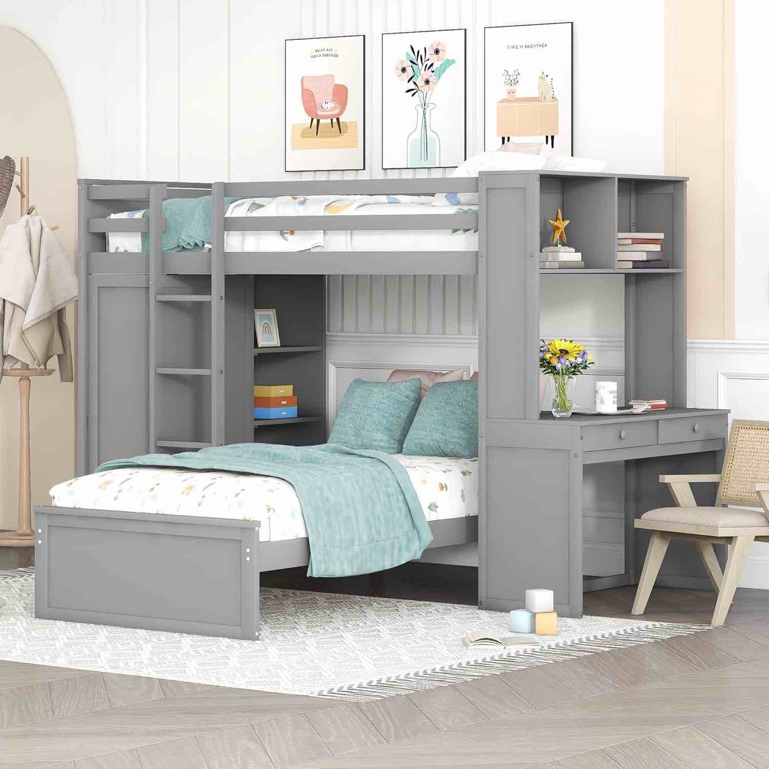 Loft Bed with Desk and Wardrobe Twin Over Twin Loft Bunk Bed WF294619AAE (incomplete box 1 of 3 only)