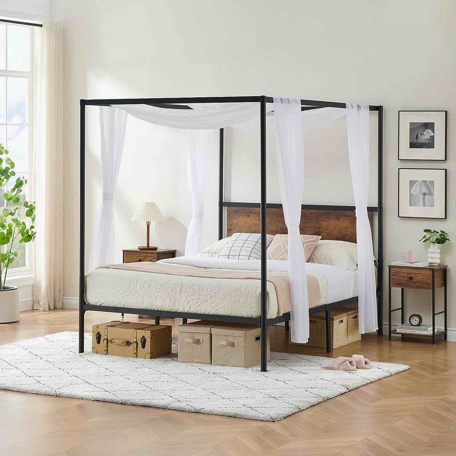 Queen Size, Black Four-Poster Platform Metal Bed Frame with Storage