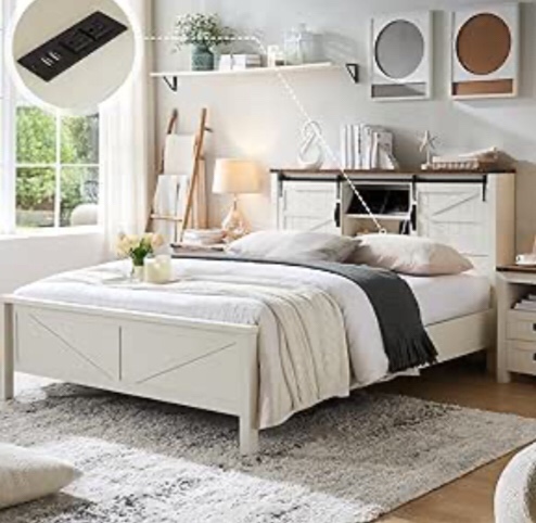 Arrin Farmhouse Bed Frame with Charging Station and 2-Tier Storage Headboard, Sliding Barn Door