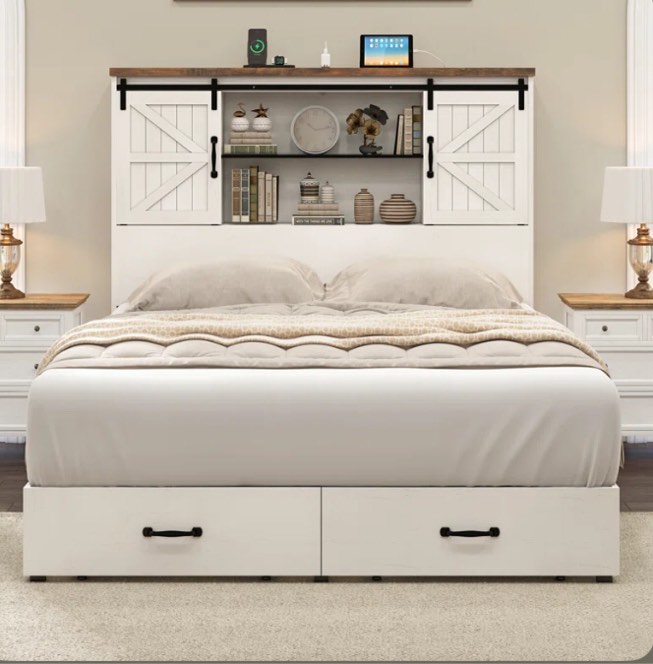 (Incomplete)Sherell Wooden Platform Bed Frame with Sliding Barn Door Bookcase Headboard