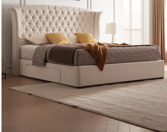 (incomplete)Luxurious Upholstered Platform Bed with Stately High Headboard Dual Drawer Storage Bedroom Comfort
