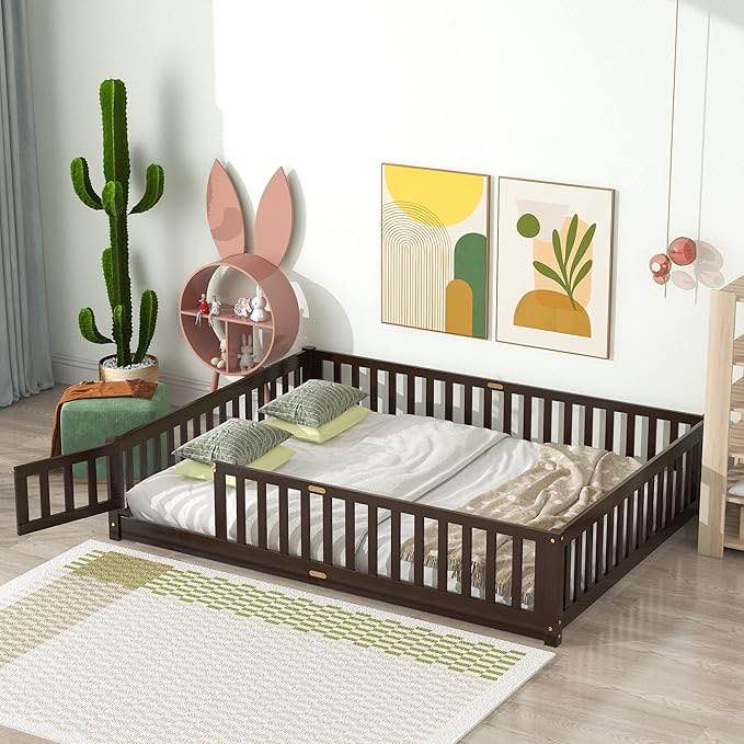 Queen Size Floor Bed Frame for Kids Wood Montessori Floor Beds with Fence Railings & Support Slats for Kids, Queen Playhouse Bed for Boys Girls, No Box Spring Needed, Espresso1 Set 
