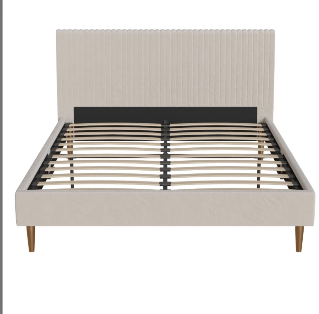 Daphne, Ivory Velvet, Metal Frame, Queen Upholstered Platform Bed with Vertical Channel Tufted Headboard( incomplete)