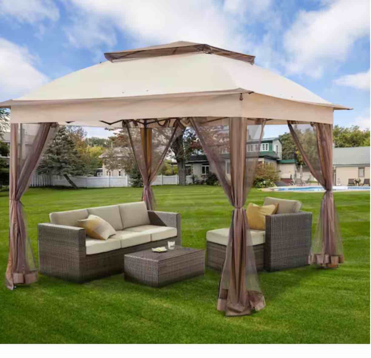 11 ft. x 11 ft. Beige Steel Pop-Up Gazebo with Mosquito Netting 1 piece