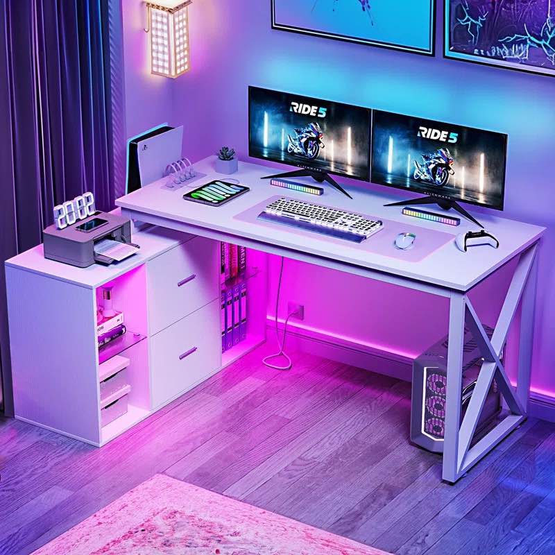 Jiahao 55'' L Shaped Reversible Desk with Charging Station & LED Lights