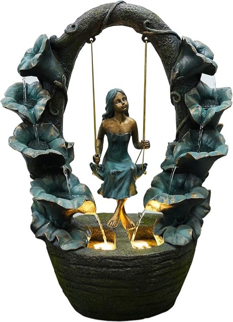 Resin Girl on a Swing Fountain with LED Light