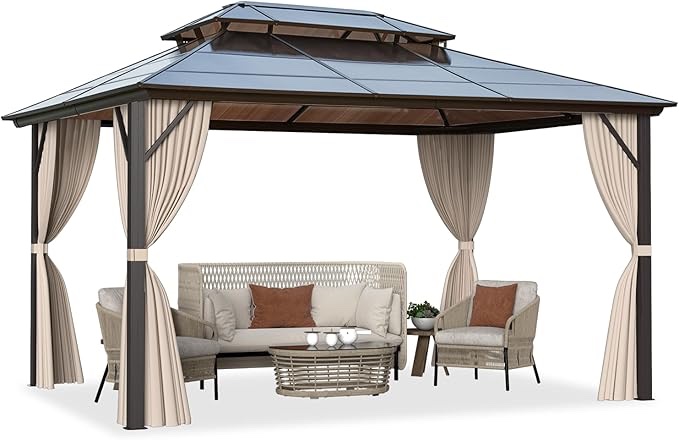 EROMMY 10' x 13' Gazebo Polycarbonate Double Roof Canopy Outdoor Aluminum Frame Pergola, Permanent Pavilion with Netting and Curtains for Garden Patio Lawns Parties (incomplete 1 box only)