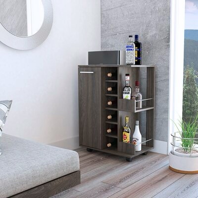 Bar Cart, Two External Shelves, Four Casters, Six Built-in Wine Rack, Single Door Cabinet