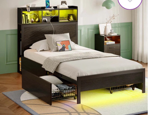 Bed Frame with Bookcase Headboard and 4 Storage Drawers, Metal Platform Bed with RGB LED Lights