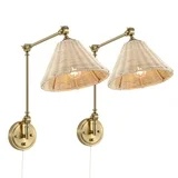 WINGBO Gold Rattan Swing Arm Wall Lamp Set of 2 Adjustable Wall Mounted Sconce 