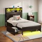 Bed Frame with Bookcase Headboard and 4 Storage Drawers, Metal Platform Bed with RGB LED Lights( incomplete only one box)