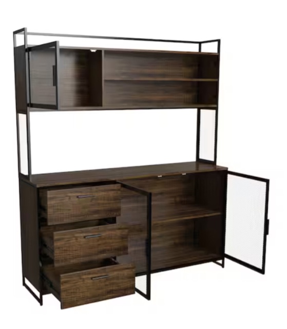 Brown Food Pantry Buffet Sideboard Pantry Cabinet with Metal Mesh Doors, 3-Drawers, Shelves For Kitchen Dinning Room( incomplete only one box 2/2 )