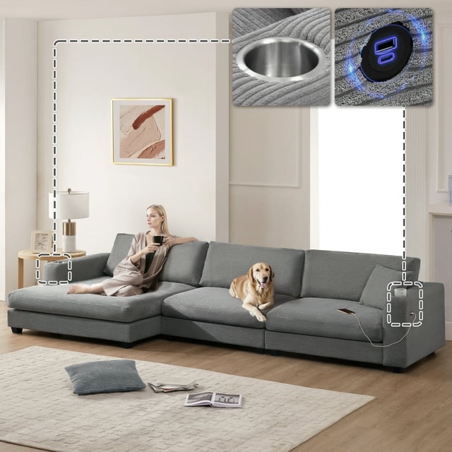 134*54"Oversized Corduroy Sectional Sofa,L Shaped Cloud Couch with USB Charging Port,Cup Holder