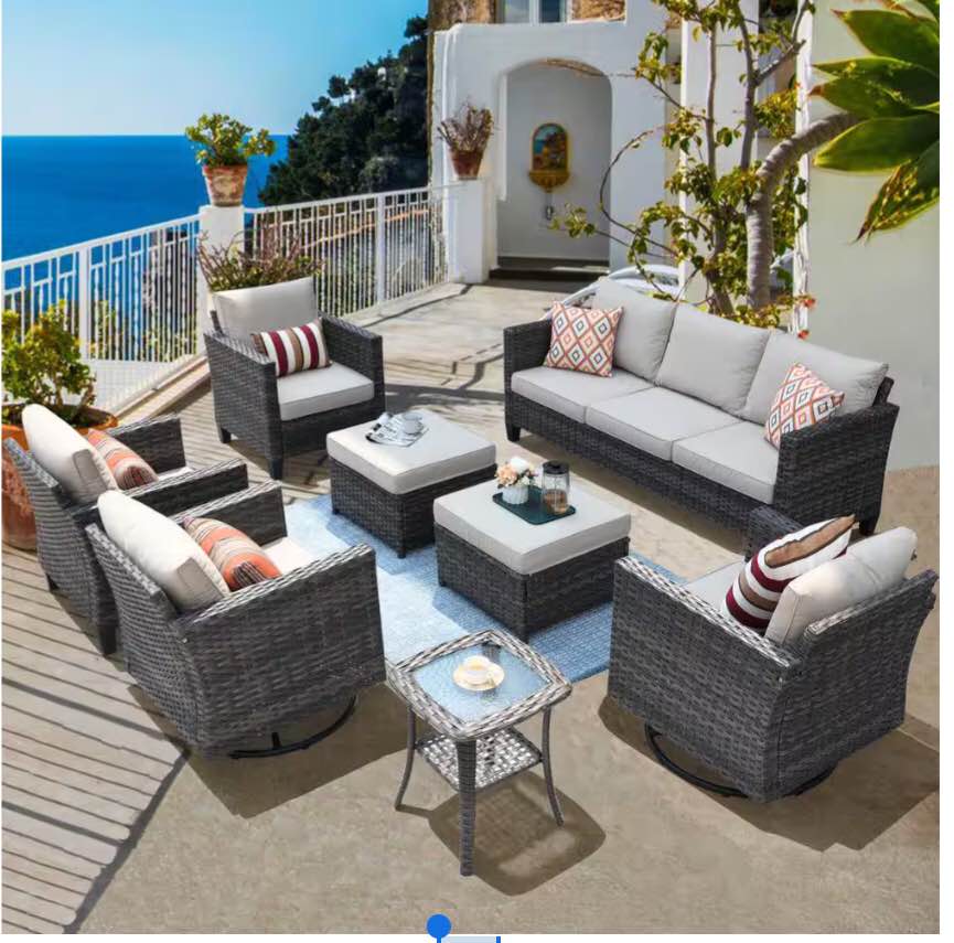 Megon Holly Gray 8-Piece Wicker Patio Conversation Seating Sofa Set with Beige Cushions and Swivel Rocking Chairs( incomplete only one box 