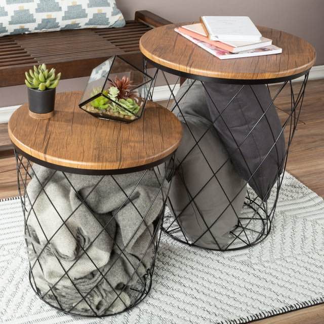 Lavish Home End Table with Storage – Round Wire Basket Base Nesting Tables, Set of 2