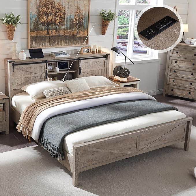 Currently unavailable. We don't know when or if this item will be back in stock. Delivering to Franklin 45005 - Update location Add to List T4TREAM Farmhouse Queen Size Bed Frame with Storage Bookcase Headboard with Sliding Barn Door, Rustic Wood Platform Bed w/Charging Station, Wood Slats Support, No Box Spring Needed, Light Rustic Oak Roll over image to zoom in T4TREAM Farmhouse Queen Size Bed Frame with Storage Bookcase Headboard with Sliding Barn Door, Rustic Wood Platform Bed w/Charging Station, Wood Slats Support, No Box Spring Needed, Light Rustic Oak