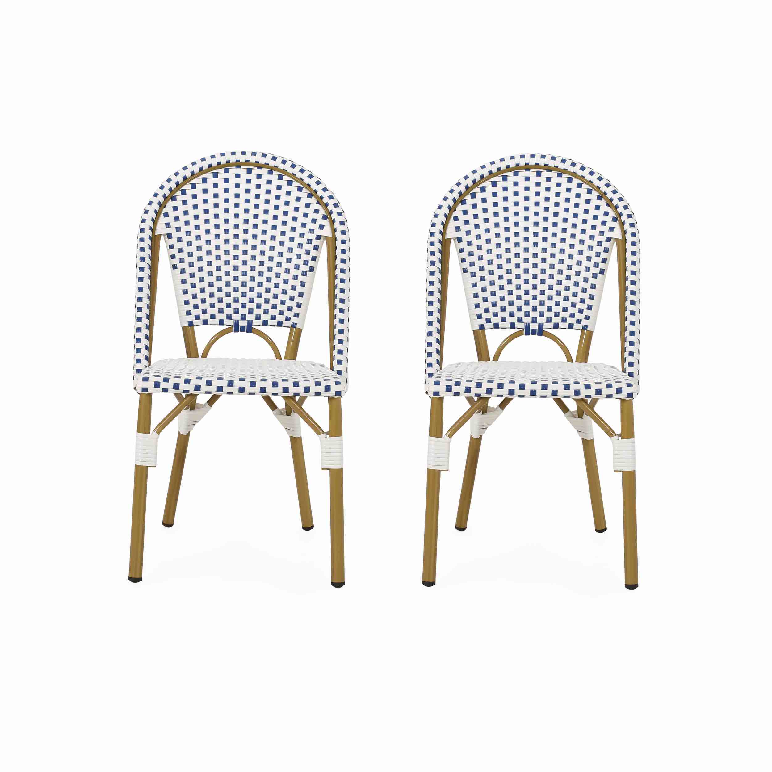 French Bistro chairs, Woven Rattan, Durable Frame Made of Aluminum can be Used Indoors and Outdoors Blue and white 