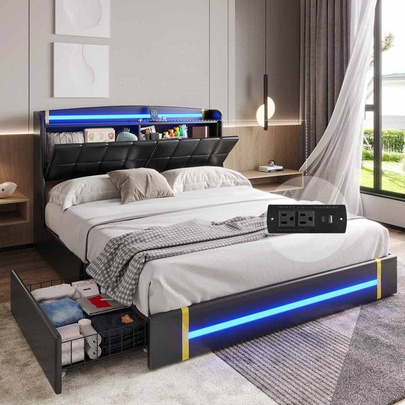 PRE-SALE Queen Size LED Faux Leather Platform Bed Frame With Charging Station 4 Storage Drawers Hidden Storage Headboard Black