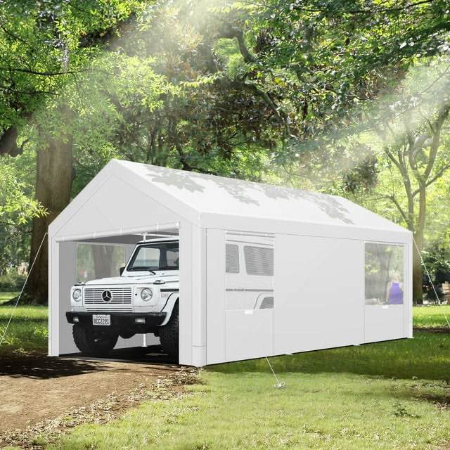 SANOPY 10'x20' Heavy Duty Carport Canopy, Outdoor Metal Car Tent, Garage Car Shelter Shade, Large Carport with Powder-Coated Steel Frame Upgraded White
