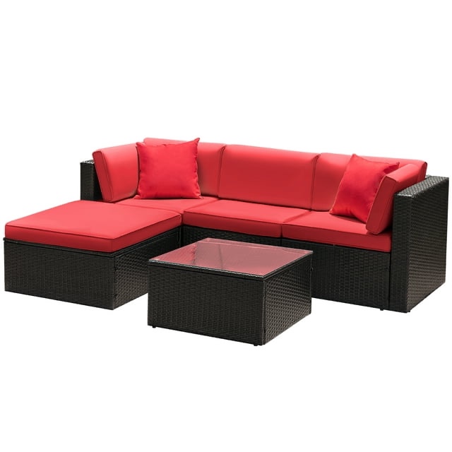 Lacoo 5 Pieces Patio Sectional Sofa Sets All-Weather PE Rattan Conversation Sets With Glass Table, Red(incomplete only 1 box ) 